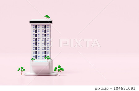grey skyscraper building icon with swimming pool isolated on pink background. 3d render illustration 104651093
