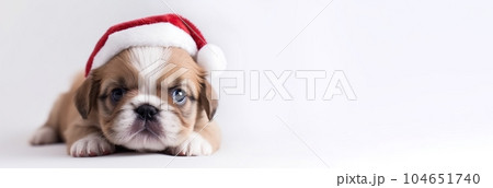 Cute little puppy in santa claus hat, light background copy space. New Year, holiday concept. Template for a postcard 104651740
