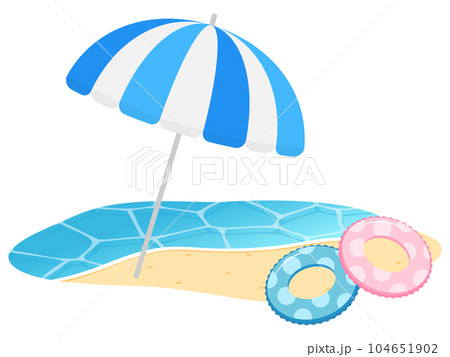 波打ち際のビーチパラソルと浮き輪 ブルーのイラスト素材 [104651902