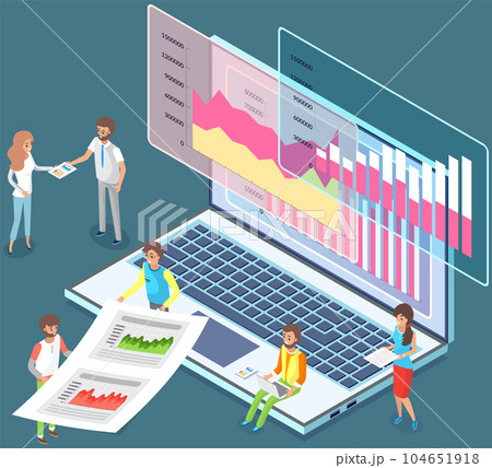 Employees analyze statistical indicators, business data. Characters work with marketing research 104651918