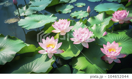 Lotus flowers bloom pond landscape. Nelumbo nucifera pink petals green leaves river water lily. Japanese asian culture garden decoration photo 104652044