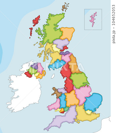 Vector illustrated blank map of UK with administrative divisions, and neighbouring countries. Editable and clearly labeled layers. 104652053