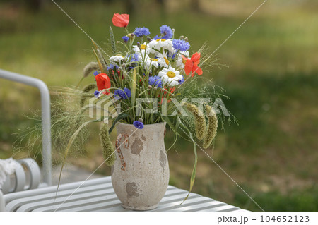 Wild flower bouquet (Cornflowers, chamomiles wheat and poppies) in terracotta vase. Wildflower and grass varieties. 104652123