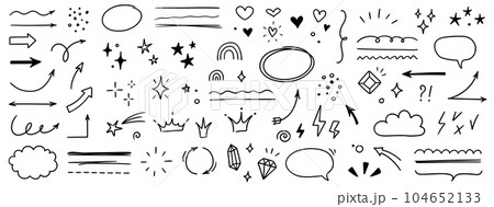Sketch line arrow element, star, heart shape. Hand drawn doodle sketch style circle, cloud speech bubble grunge element set. Arrow, star, heart brush decoration. Vector 104652133