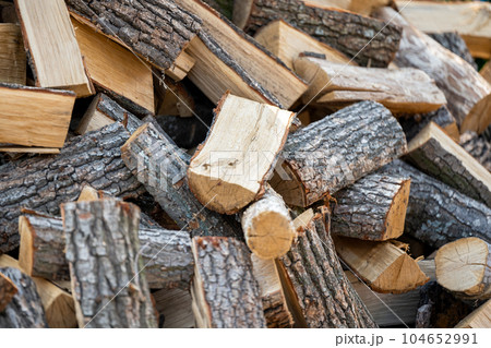 pile of chopped firewood close up 104652991