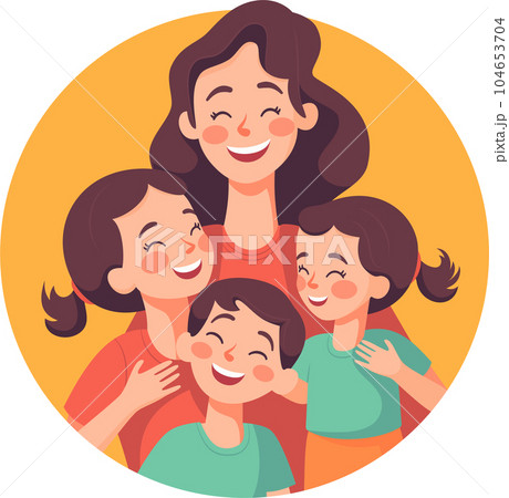 Mother with children, Mom with son and daughter, Happy Family Moments, Flat Style Cartoon Illustration. Mother's Day Concept. 104653704