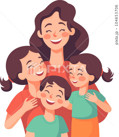 Mother with children, Mom with son and daughter, Happy Family Moments, Flat Style Cartoon Illustration. Mother's Day Concept. Mother with children, Mom with son and daughter, Happy Family Moments, Flat Style Cartoon Illustration. Mother's Day Concept. 104653706