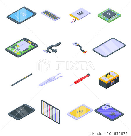Tablet repair icons set. Isometric set of tablet repair vector icons for web design isolated on white background 104653875