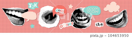 Halftone mouths set with comic speech bubble. Concept of advertisement, announcement of information and attraction of attention. Vintage collage sticker Vector illustration. 104653950