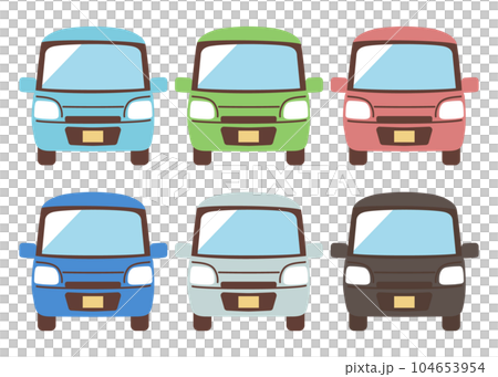 Light car seen from the front in 6 different colors: light blue, yellowish green, pink, blue, white, and black 104653954