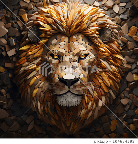 Image of lion face made with various stones gathered together. Wildlife Animals. Illustration, Generative AI. 104654395