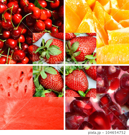 Photo collage of various raw fresh red fruits, suitable for website header banner Photo collage of various raw fresh red fruits, suitable for website header banner 104654752