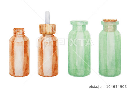 Watercolor illustration of brown glass bottle with pipette, green vial with cork stopper. Spa and bathroom accessories, elements for beauty salon and wellness center, cosmetology, massage and medicine Watercolor illustration of brown glass bottle with pipette, green vial with cork stopper. Spa and bathroom accessories, elements for beauty salon and wellness center, cosmetology, massage and medicine 104654908