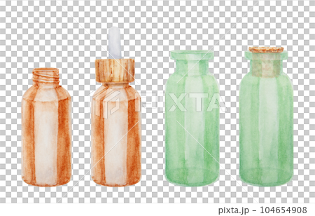 Watercolor illustration of brown glass bottle with pipette, green vial with cork stopper. Spa and bathroom accessories, elements for beauty salon and wellness center, cosmetology, massage and medicine Watercolor illustration of brown glass bottle with pipette, green vial with cork stopper. Spa and bathroom accessories, elements for beauty salon and wellness center, cosmetology, massage and medicine 104654908