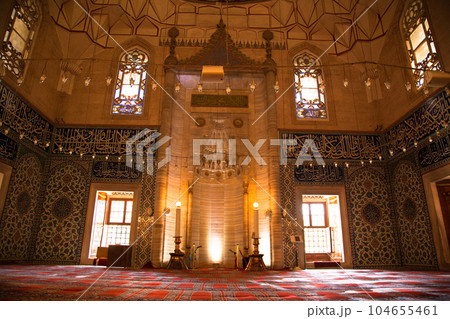 Selimiye Mosque interiors were built by Mimar Sinan in Edirne in 1575 during the Ottoman Empire. 09 August 2019 Turkey Edirne 104655461