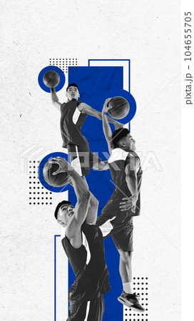 Young sportive man, professional basketball player in motion, training against abstract background. Contemporary art collage. 104655705