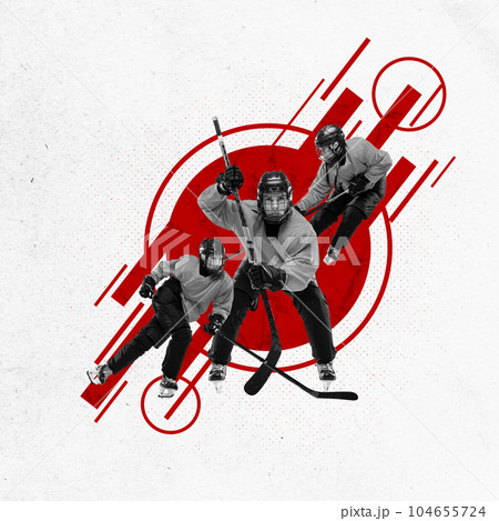 Sportive, competitive, athletic woman, professional hockey player, trainer motion over abstract background. Contemporary art collage. 104655724