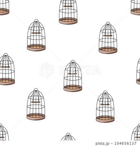 Seamless Pattern cage for a parrot or domestic birds. Vector doodle illustration of a cage for keeping birds in the house. Seamless Pattern cage for a parrot or domestic birds. Vector doodle illustration of a cage for keeping birds in the house. 104656137