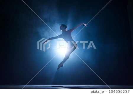 Expressive, artistic young woman, professional ballerina making creative performance against dark blue background with spotlight Expressive, artistic young woman, professional ballerina making creative performance against dark blue background with spotlight 104656257