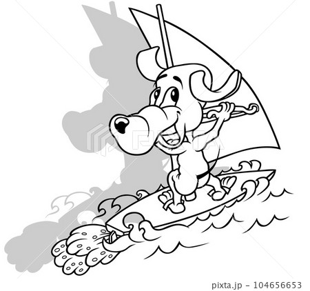 Drawing of a Doggy Surfing on the Sea Waves 104656653