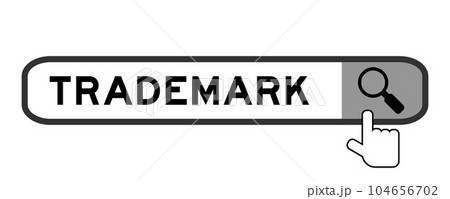 Search banner in word trademark with hand over magnifier icon on white background 104656702