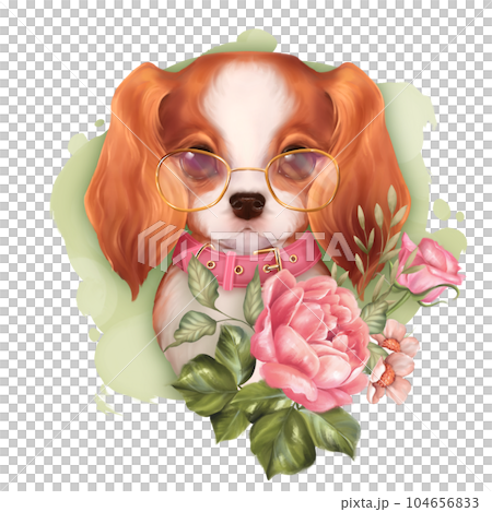 Cute spaniel dog with rose flowers. Summer illustration. 104656833