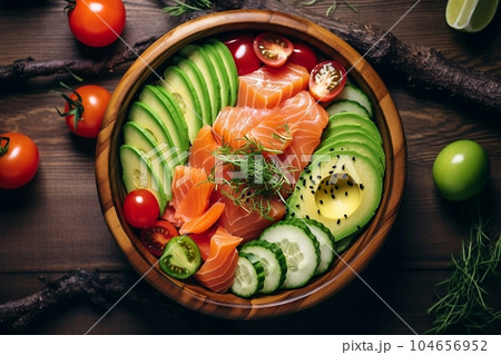 Hawaiian dish with salmon, avocado and cucumber Hawaiian dish with salmon, avocado and cucumber 104656952