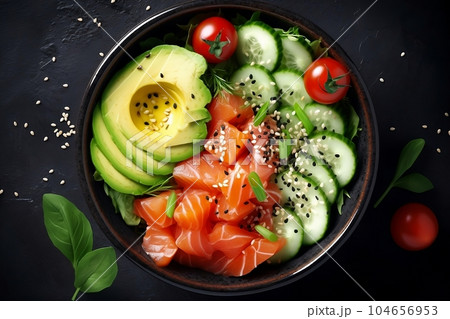 Hawaiian dish with salmon, avocado and cucumber Hawaiian dish with salmon, avocado and cucumber 104656953