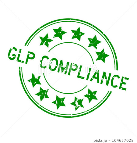 Grunge green GLP (Abbreviation of Good laboratory practice) compliance word with star icon round rubber seal stamp on white background 104657028