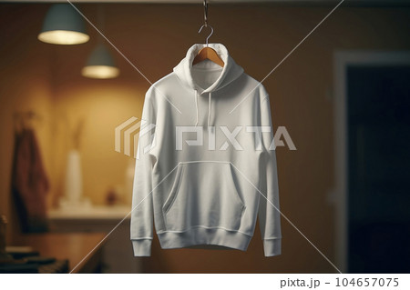 Mock-up of a white hoodie with a hood and pocket hanging on a hanger 104657075