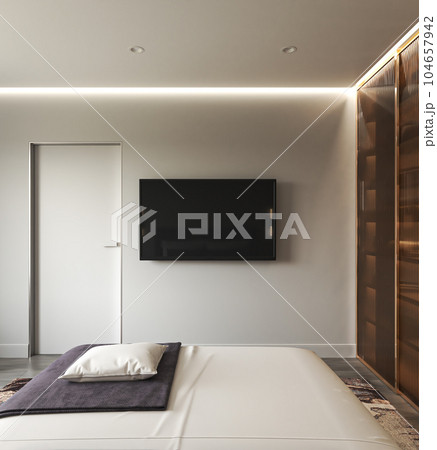Front view minimal modern luxury interior. Design bedroom with bed. Mockup empty display template. Blank tv screen. High quality illustration 3d rendering Front view minimal modern luxury interior. Design bedroom with bed. Mockup empty display template. Blank tv screen. High quality illustration 3d rendering 104657942
