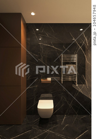 Dark bathroom interior with black marble and white toilet. Minimalist design modern luxury furniture. 3d rendering. High quality 3d illustration Dark bathroom interior with black marble and white toilet. Minimalist design modern luxury furniture. 3d rendering. High quality 3d illustration 104657948