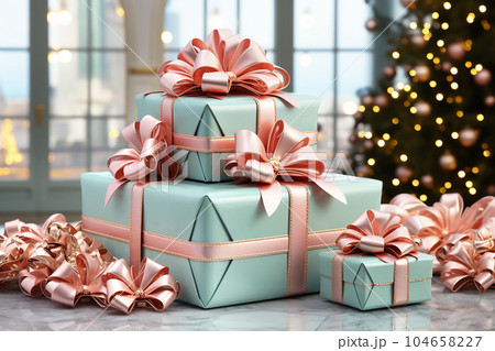 Christmas tree and mint gift boxes with pink bows in interior. Generative AI 104658227