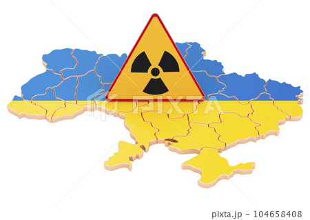 Risk Of Ukraine Nuclear Calamity, concept. Ukrainian map with radiation sign, 3D rendering Risk Of Ukraine Nuclear Calamity, concept. Ukrainian map with radiation sign, 3D rendering 104658408