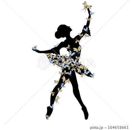 Watercolor dancing ballerina black lines. Isolated dancing ballerina.Hand drawn classic ballet performance, pose.Young pretty ballerina women illustration. Can be used for postcard and posters. 104658661