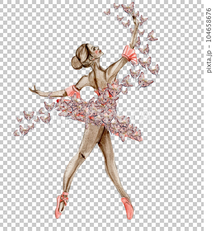 Watercolor dancing ballerina in red dress with butterflies. Hand drawn classic ballet performance, pose. Young pretty ballerina women illustration. Can be used for postcard and posters. 104658676