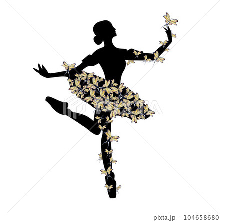 Watercolor dancing ballerina in red dress with butterflies. Hand drawn classic ballet performance, pose. Young pretty ballerina women illustration. Can be used for postcard and posters. 104658680