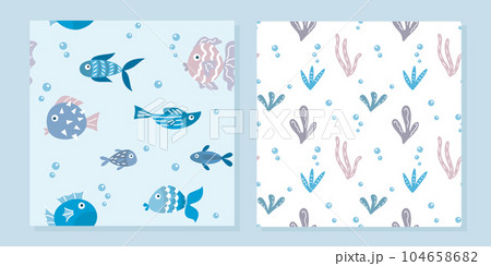 Marine patterns set. Cute cartoon fish and seaweed. Vector illustration 104658682