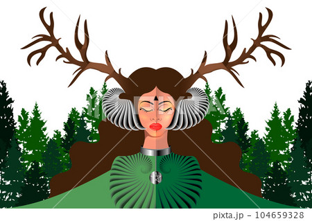 Celtic Woodland Goddess. Portrait of the beautiful woman in a horned headdress. Pagan goddess with closed eyes, mythical character. Nordic priestess Witch, sorceress, spirituality, occultism symbol  104659328