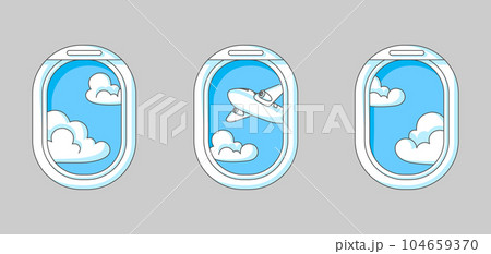 Airplane windows with clouds. Travel illustration and tourism background. 104659370