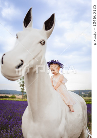 An illustration of a girl sitting on a white horse in a lavender field is shown An illustration of a girl sitting on a white horse in a lavender field is shown 104660185
