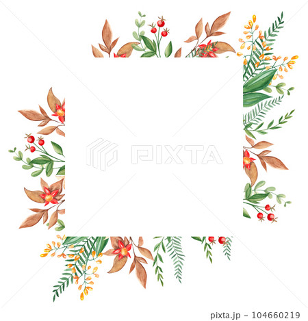 Watercolor square forest frame with fern, green branches, red and yellow berries and wildflowers isolated on white background. Hand drawn botanical illustration. Can be used for logo design, as 104660219
