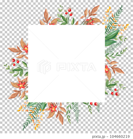 Watercolor square forest frame with fern, green branches, red and yellow berries and wildflowers isolated on white background. Hand drawn botanical illustration. Can be used for logo design, as 104660219