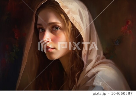 Mary virgin. Holy art religious saint. Fictional person. Generate Ai Mary virgin. Holy art religious saint. Fictional person. Generate Ai 104660597