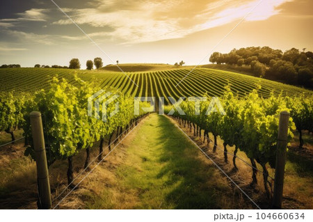 Vineyard landscape sunset. Agriculture harvest. Generate Ai 104660634