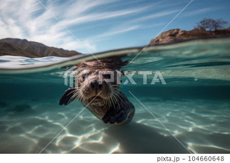 A cute sea otter swimming underwater. Waves on a sandy beach above water. Generative AI A cute sea otter swimming underwater. Waves on a sandy beach above water. Generative AI 104660648
