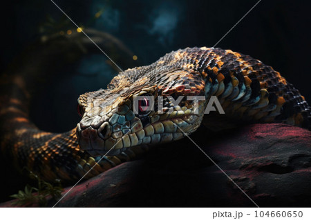 Ancient reptile with red eyes. Dangerous poisonous exotic snake. Generative AI Ancient reptile with red eyes. Dangerous poisonous exotic snake. Generative AI 104660650