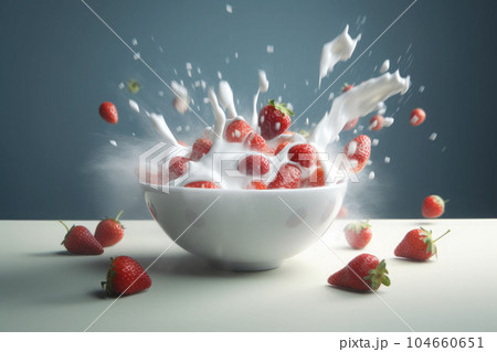 Splash of tasty yogurt and fresh strawberries on dark background. Generative AI Splash of tasty yogurt and fresh strawberries on dark background. Generative AI 104660651