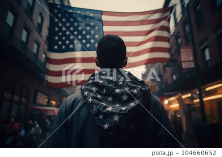 Man saluting us flag. Young person. Fictional person. Generate Ai 104660652