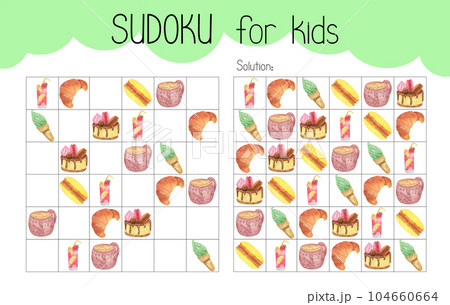 Sudoku educational game leisure activity worksheet watercolor illustration, printable grid to fill in missing images, sweet dessert, drink food topical vocabulary, puzzle solution, teacher resources Sudoku educational game leisure activity worksheet watercolor illustration, printable grid to fill in missing images, sweet dessert, drink food topical vocabulary, puzzle solution, teacher resources 104660664